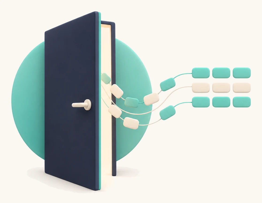 A navy door opening onto rows of tidy mint and cream data blocks